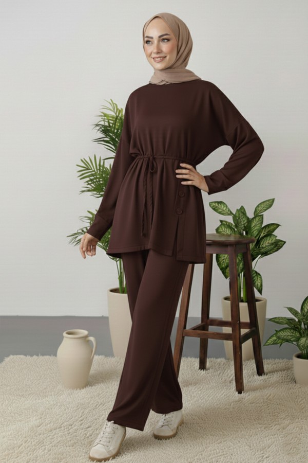 Düğme Detaylı Tunik Takım Z5712 Kahverengi Düğme Detaylı Tunik Takım Z5712 Kahverengi