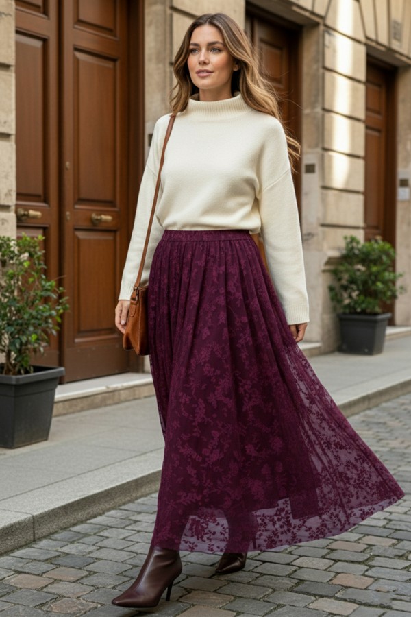 Flok Baskılı Etek K214 Mürdüm Flok Baskılı Etek K214 Mürdüm