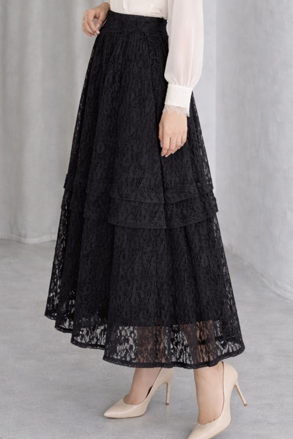 Katlı Dantelli Etek N2685 Siyah