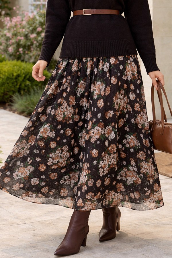 Dantel Baskılı Etek N2694 Kahverengi Dantel Baskılı Etek N2694 Kahverengi