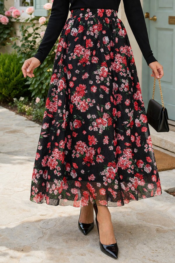 Dantel Baskılı Etek N2694 Kırmızı Dantel Baskılı Etek N2694 Kırmızı