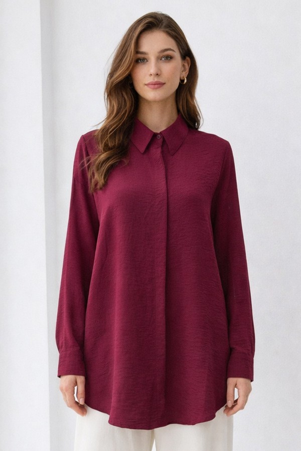 Gömlek Yaka Uzun Tesettür Tunik B5945 Bordo Gömlek Yaka Uzun Tesettür Tunik B5945 Bordo