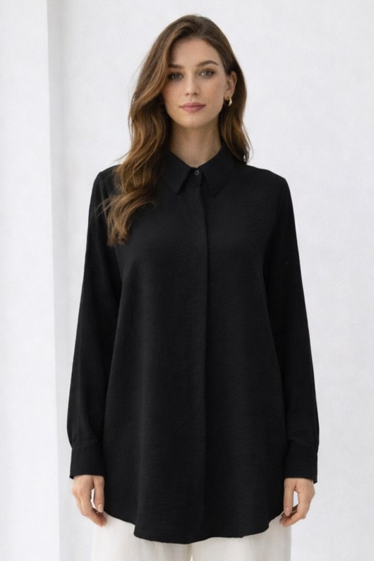 Gömlek Yaka Uzun Tesettür Tunik B5945 Siyah