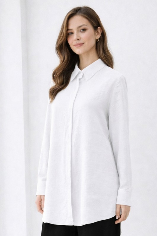 Gömlek Yaka Uzun Tesettür Tunik B5945 Beyaz