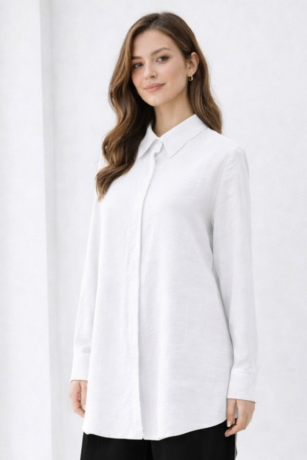 Gömlek Yaka Uzun Tesettür Tunik B5945 Beyaz Gömlek Yaka Uzun Tesettür Tunik B5945 Beyaz