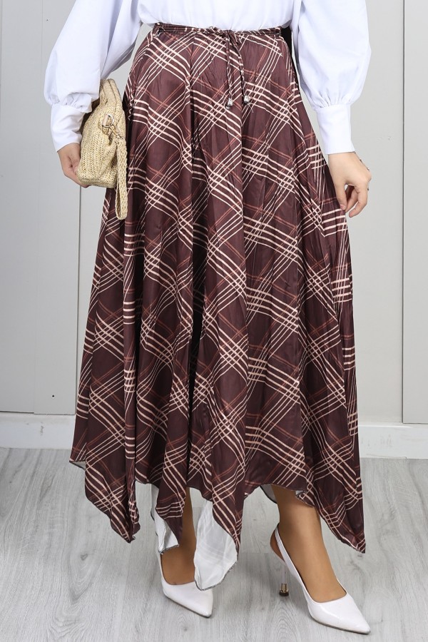 Ekoseli Asimetrik Etek A60689-1 Kahverengi Ekoseli Asimetrik Etek A60689-1 Kahverengi