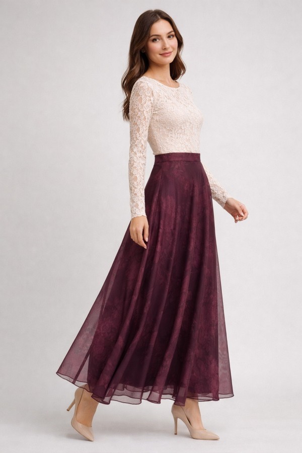 Empirme Desenli Şifon Etek O219 Bordo