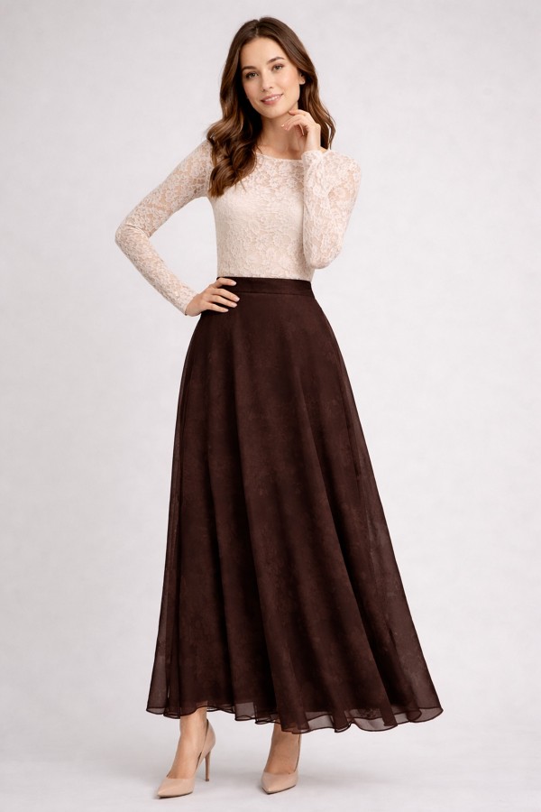 Empirme Desenli Şifon Etek O219 Kahverengi