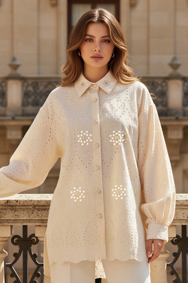 Taş Detaylı Fisto Gömlek A7016 Krem