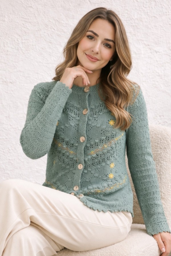 Nakış Detaylı Yazlık Pamuk Hırka R4543 Çağla