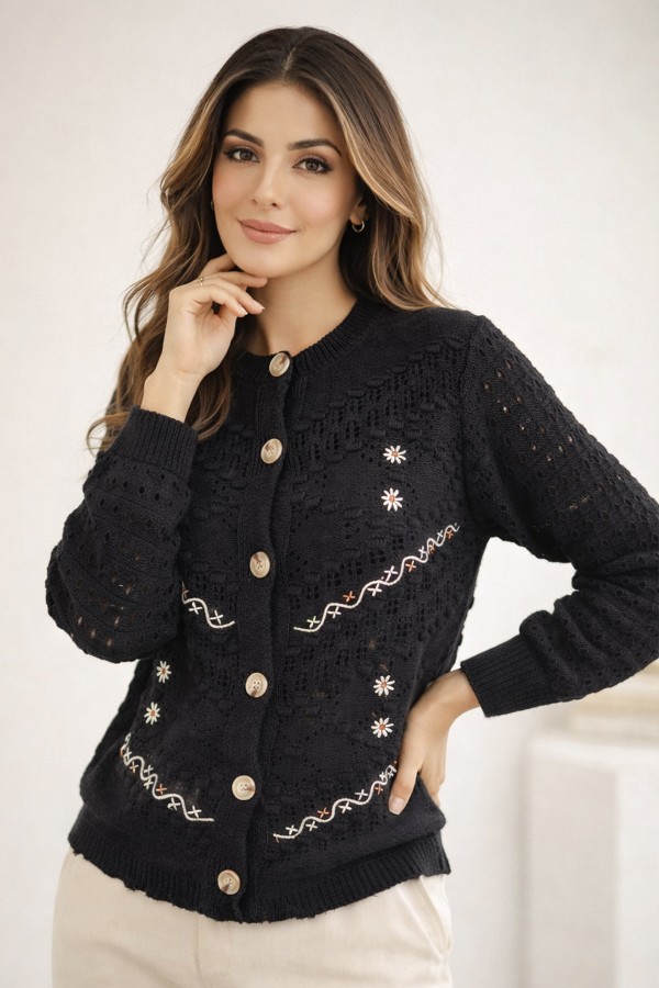 Nakış Detaylı Yazlık Pamuk Hırka R4543 Siyah Nakış Detaylı Yazlık Pamuk Hırka R4543 Siyah