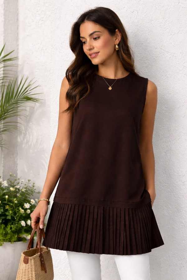 Piliseli Kolsuz Penye İçlik Tunik 4776 Kahverengi