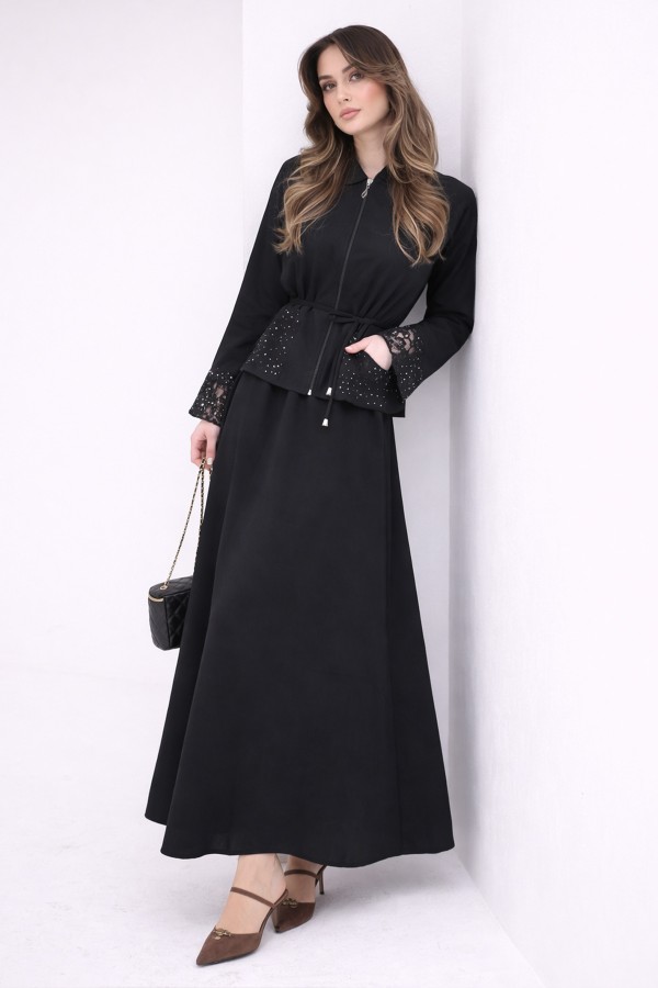Kolları Dantelli Tesettür Poplin Takım N8110 Siyah Kolları Dantelli Tesettür Poplin Takım N8110 Siyah