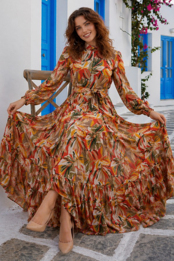 Desenli Tesettür Jessica Elbise B607 Sarı Desenli Tesettür Jessica Elbise B607 Sarı