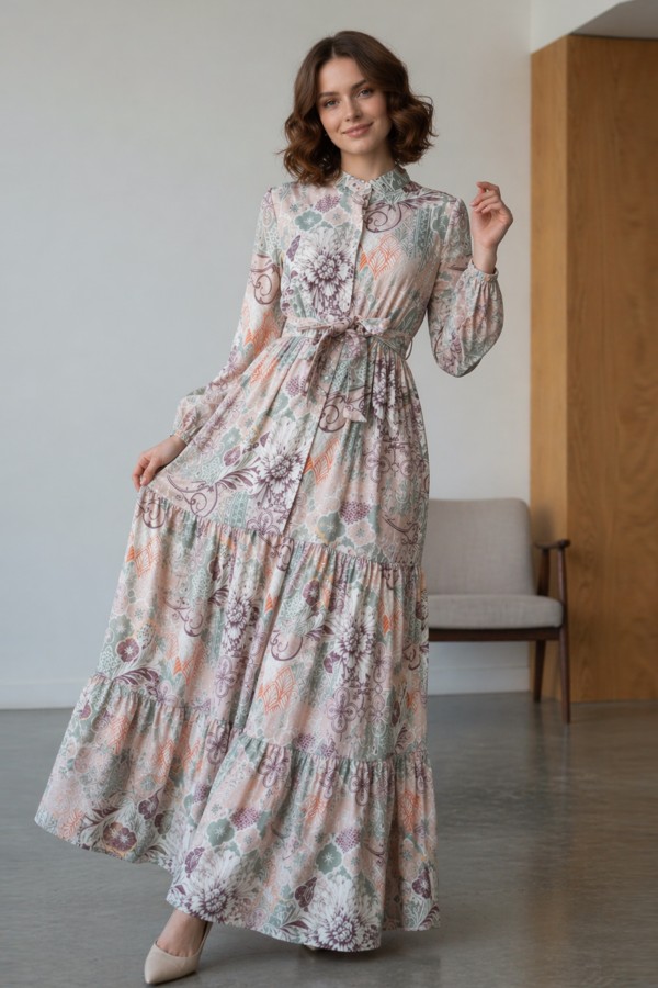 Desenli Tesettür Jessica Elbise B607 Taş Rengi Desenli Tesettür Jessica Elbise B607 Taş Rengi