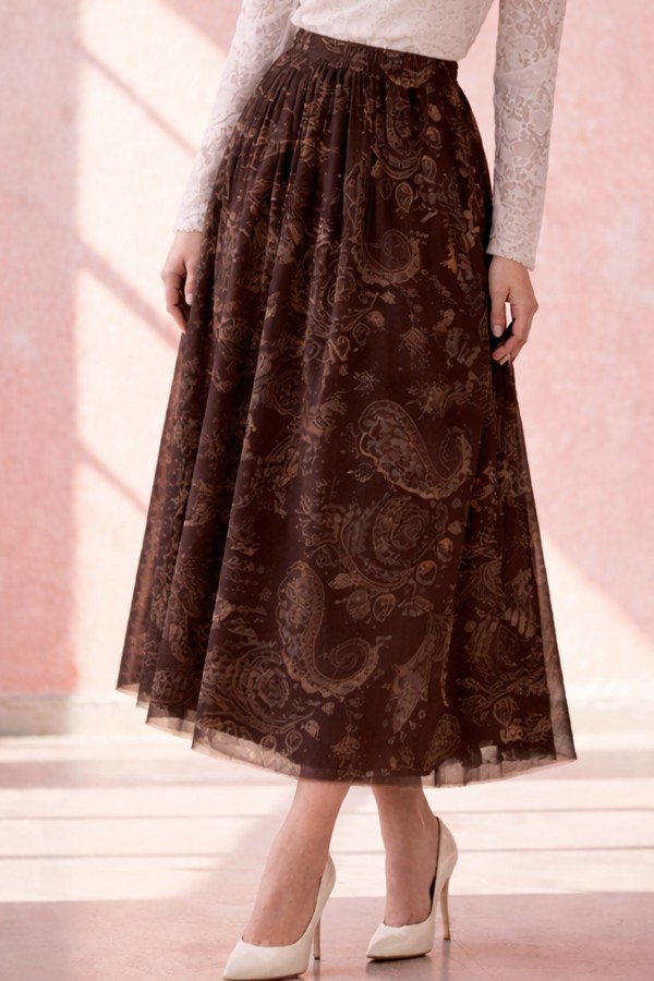 Desenli Tül Etek A222 Kahverengi