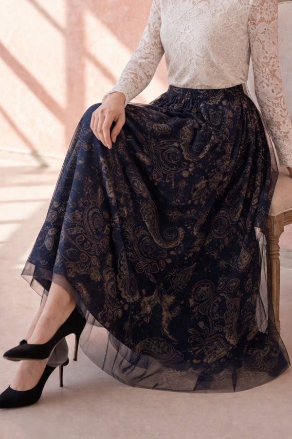 Desenli Tül Etek A222 Lacivert