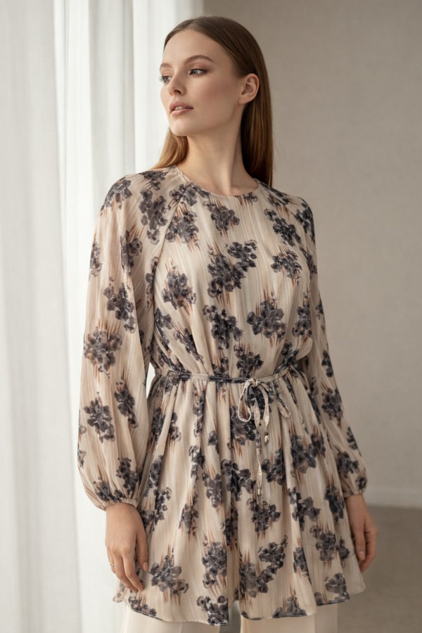 Desenli Balon Kol Şifon Gömlek A50906 Antrasit