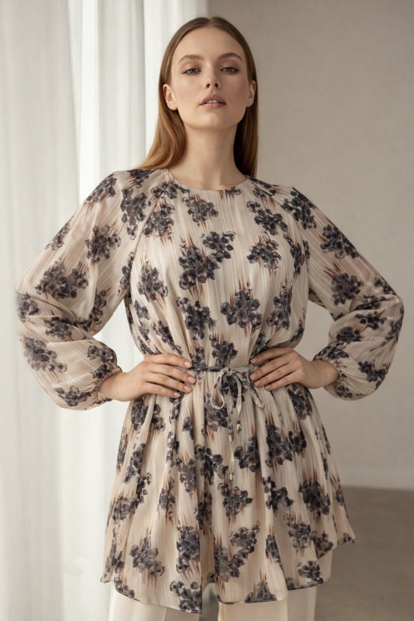 Desenli Balon Kol Şifon Gömlek A50906 Antrasit