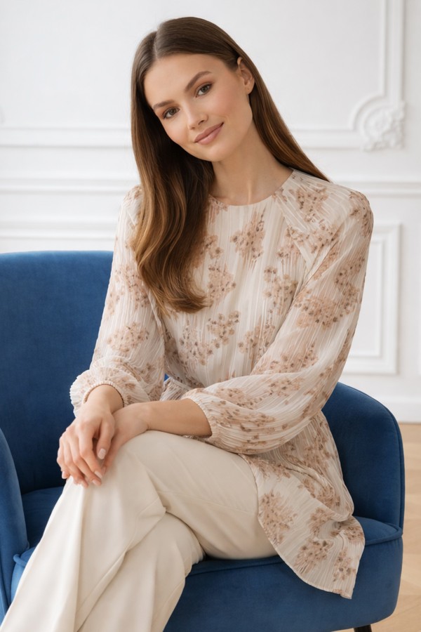 Desenli Balon Kol Şifon Gömlek A50906 Bej