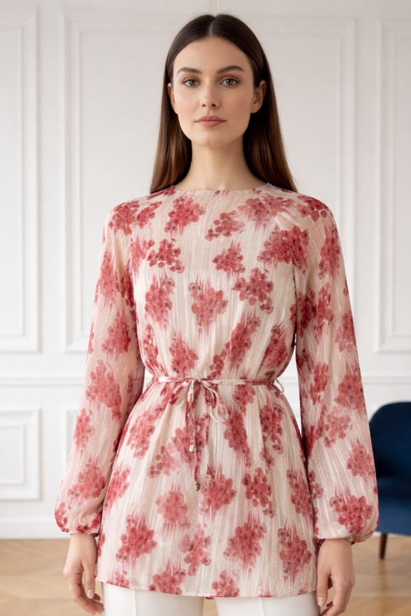 Desenli Balon Kol Şifon Gömlek A50906 Pembe