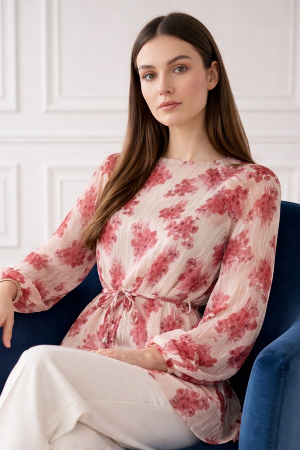Desenli Balon Kol Şifon Gömlek A50906 Pembe