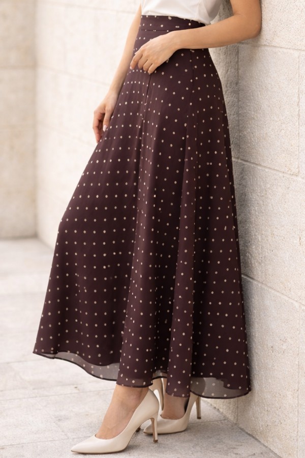 Puantiyeli Şifon Tesettür  Etek O221 Kahverengi