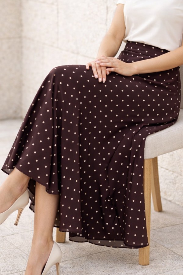 Puantiyeli Şifon Tesettür  Etek O221 Kahverengi