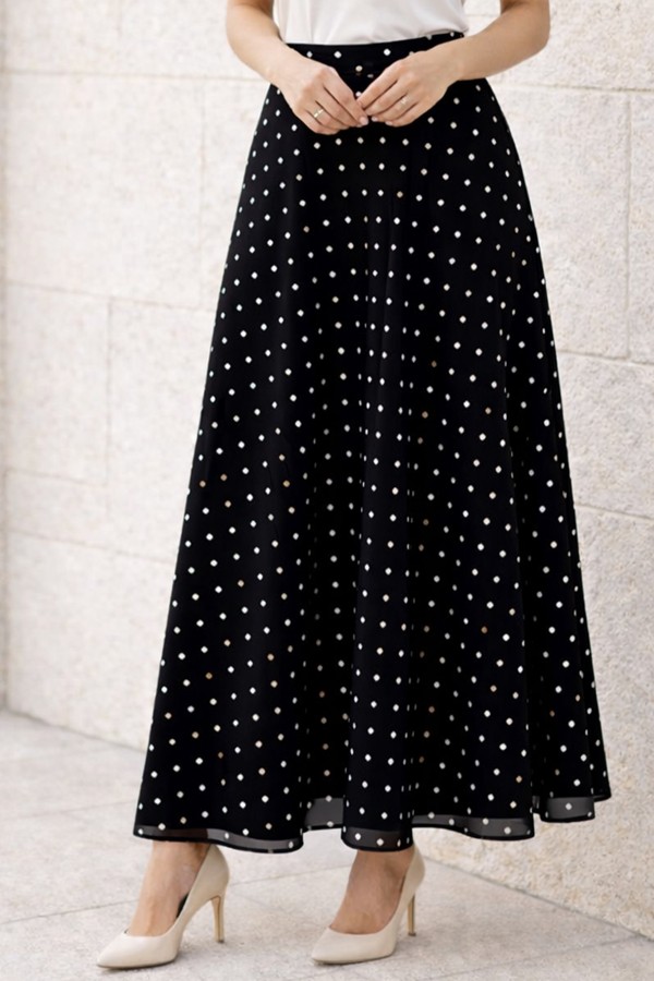 Puantiyeli Şifon Tesettür  Etek O221 Siyah