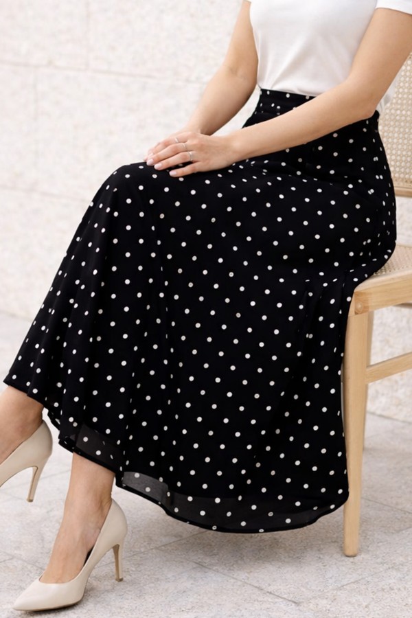 Puantiyeli Şifon Tesettür  Etek O221 Siyah