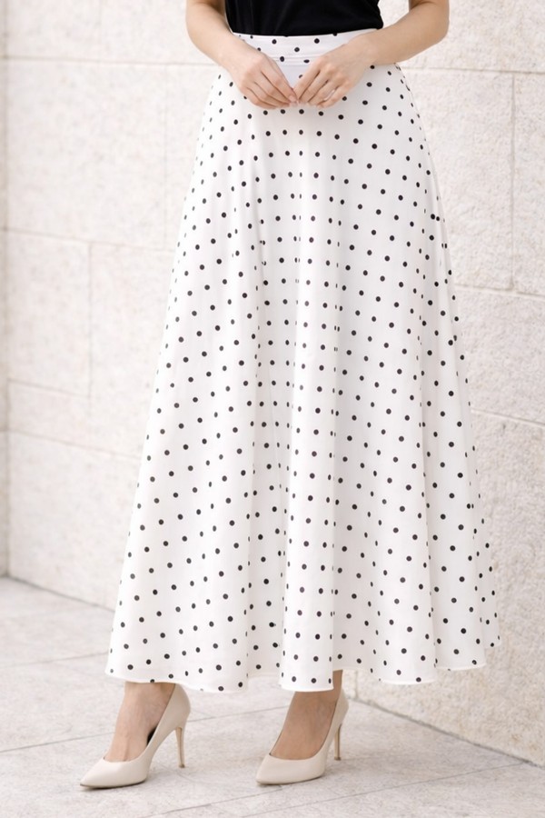 Puantiyeli Şifon Tesettür  Etek O221 Beyaz