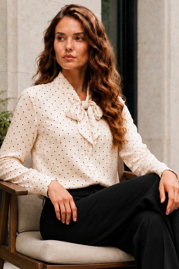 Fularlı Puantiyeli Gömlek B20391 Bej