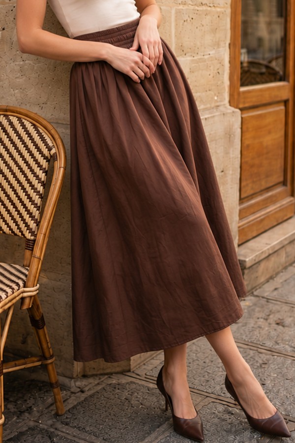 Beli Lastikli Poplin Etek N224 Kahverengi Beli Lastikli Poplin Etek N224 Kahverengi