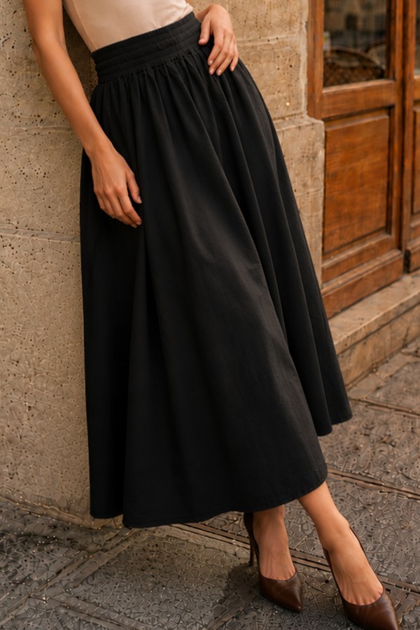 Beli Lastikli Poplin Etek N224 Siyah Beli Lastikli Poplin Etek N224 Siyah
