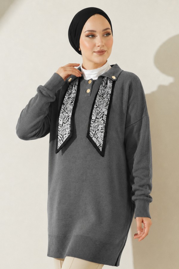 Fularlı Triko Tunik R7178 Antrasit Fularlı Triko Tunik R7178 Antrasit
