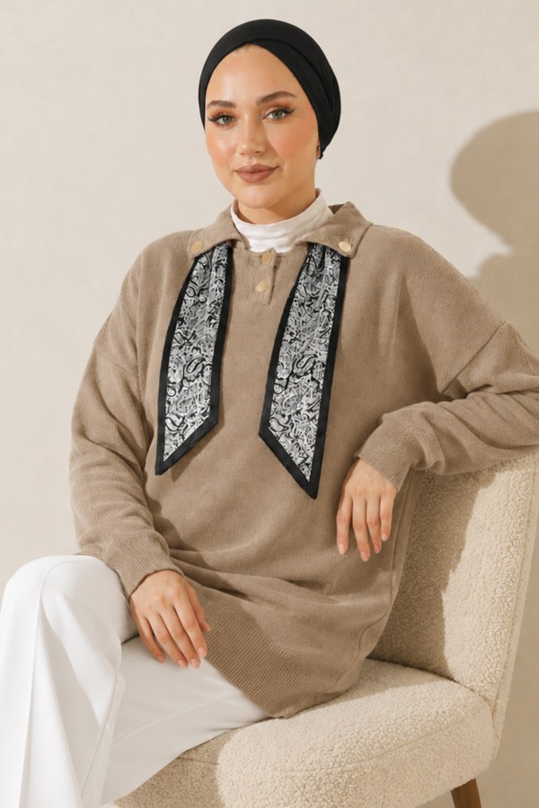 Fularlı Triko Tunik R7178 Bej Fularlı Triko Tunik R7178 Bej
