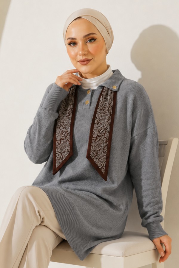 Fularlı Triko Tunik R7178 Gri