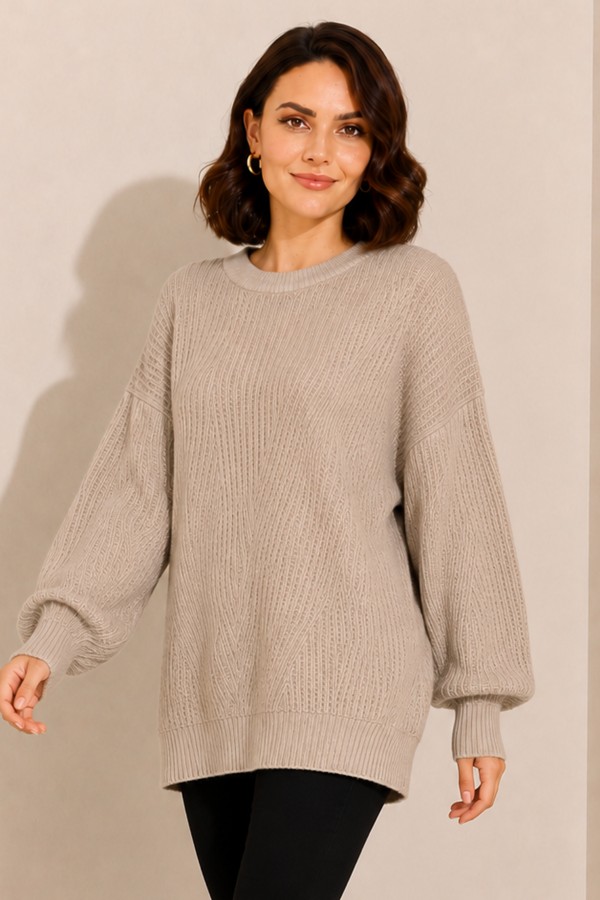Kendinden Desenli Triko Tunik R4444 Bej
