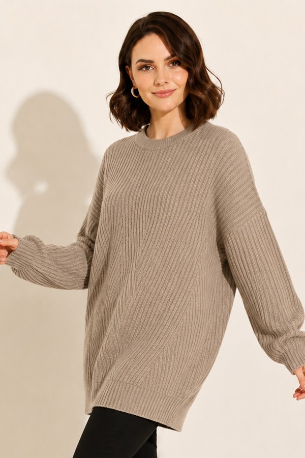 Kendinden Desenli Triko Tunik R4444 Camel