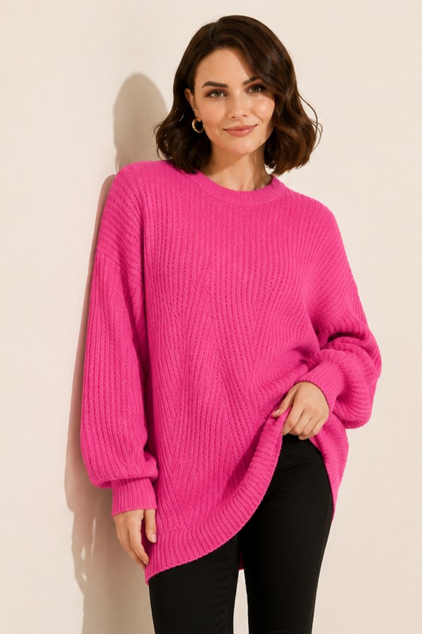 Kendinden Desenli Triko Tunik R4444 Fuşya