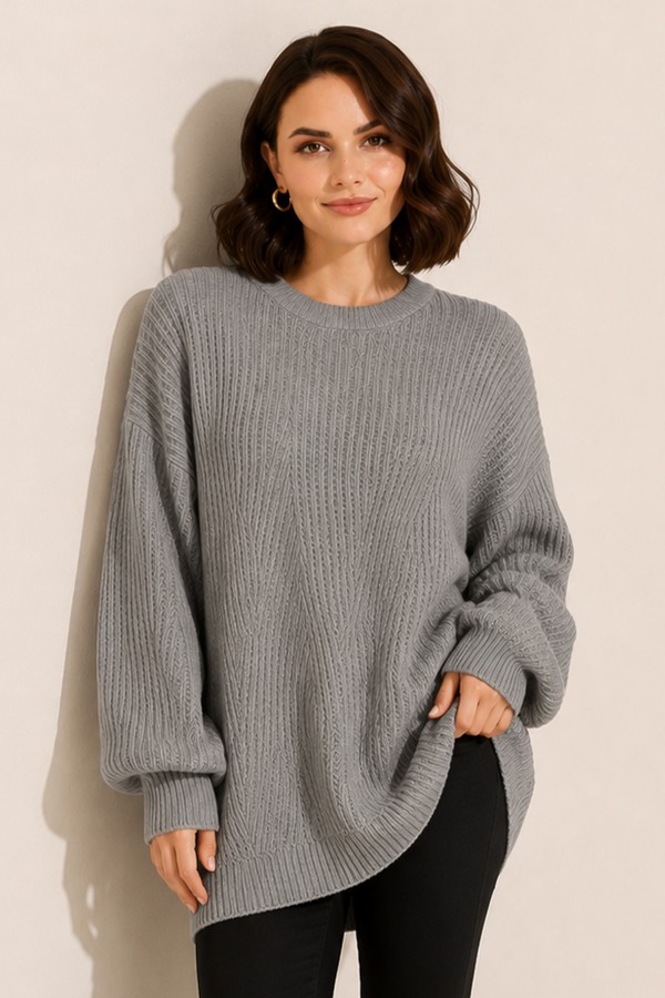 Kendinden Desenli Triko Tunik R4444 Gri