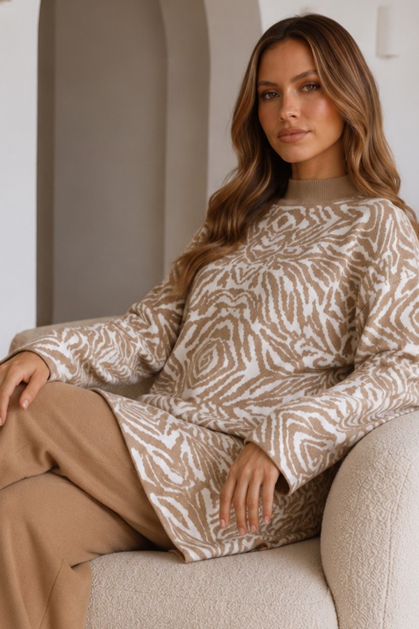 Zebra Desenli Triko Tunik R7186 Bej