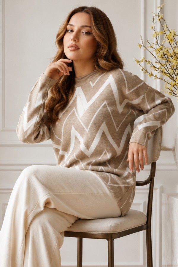 Zikzak Desenli Triko Tunik R7187 Bej