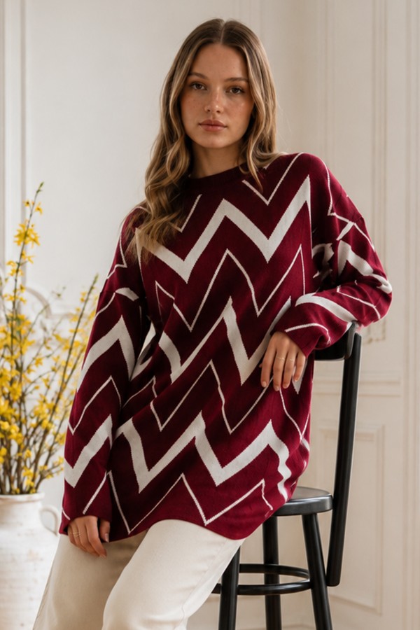 Zikzak Desenli Triko Tunik R7187 Bordo