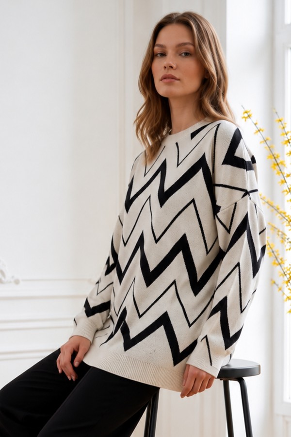 Zikzak Desenli Triko Tunik R7187 Ekru