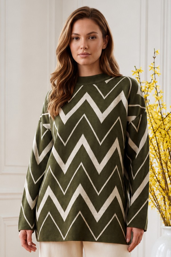 Zikzak Desenli Triko Tunik R7187 Haki Zikzak Desenli Triko Tunik R7187 Haki