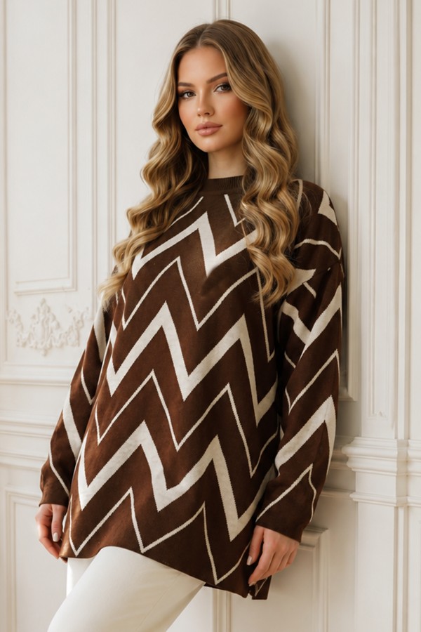 Zikzak Desenli Triko Tunik R7187 Kahverengi Zikzak Desenli Triko Tunik R7187 Kahverengi