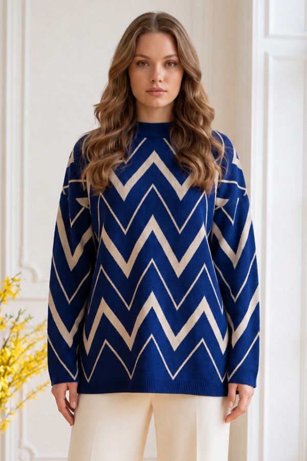 Zikzak Desenli Triko Tunik R7187 Lacivert Zikzak Desenli Triko Tunik R7187 Lacivert