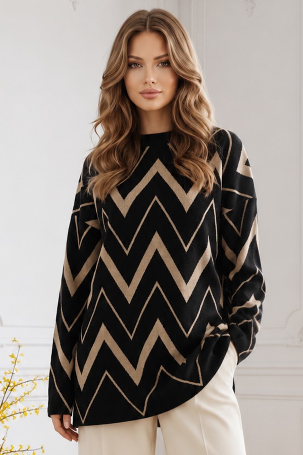 Zikzak Desenli Triko Tunik R7187 Siyah Zikzak Desenli Triko Tunik R7187 Siyah