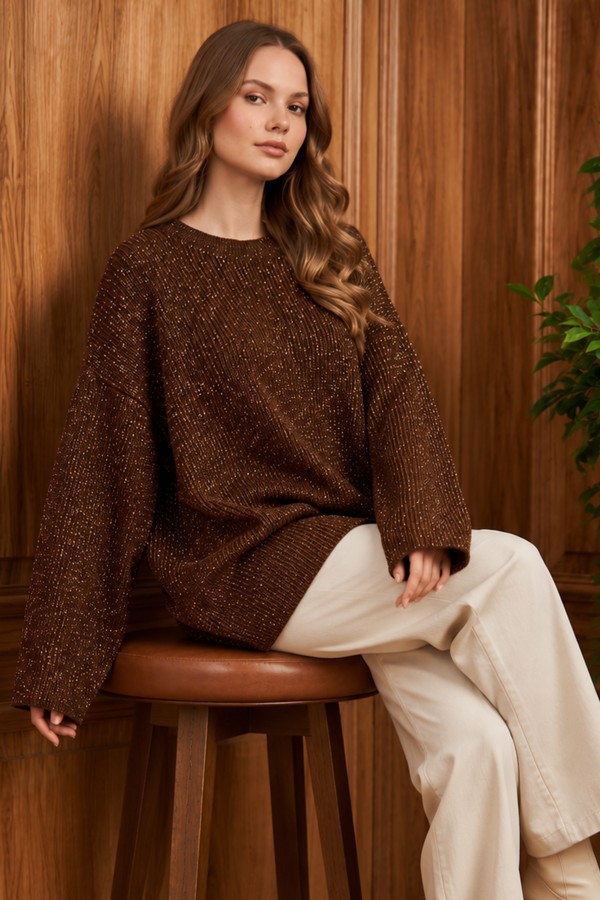 Simli Triko Tunik R4498 Kahverengi Simli Triko Tunik R4498 Kahverengi